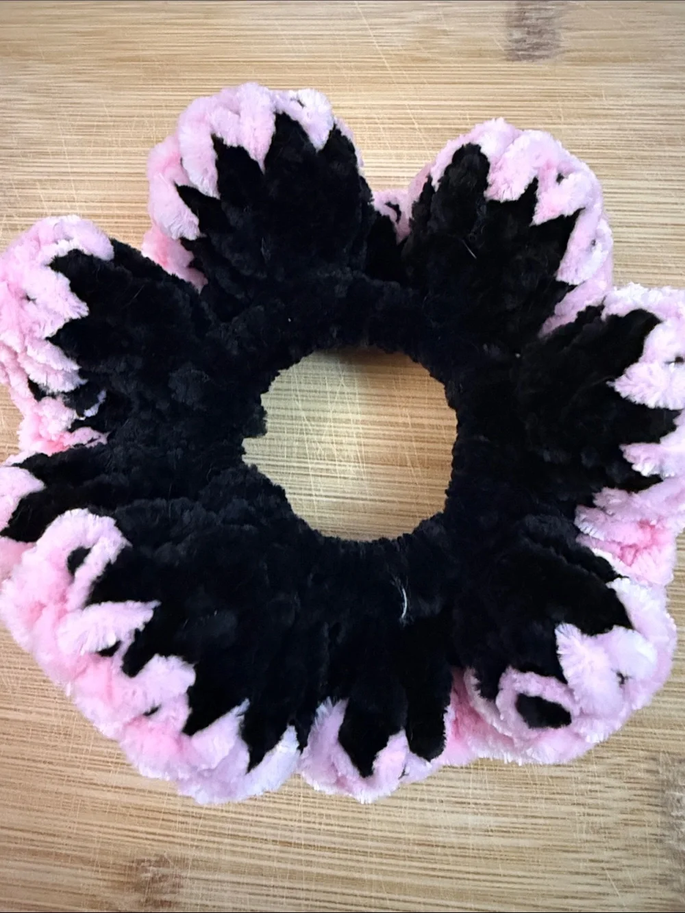 Hand Crafted Black & Pink Plush Flower Scrunchie
